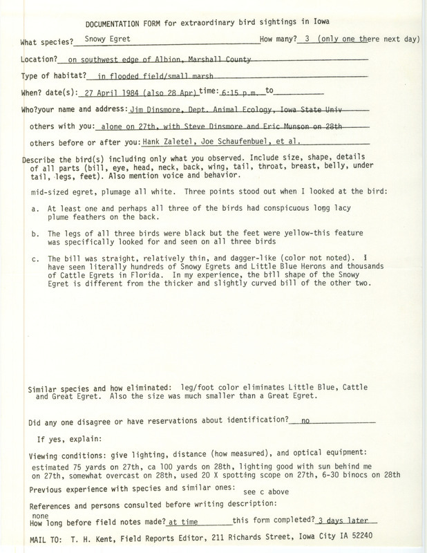 Rare bird documentation form for three Snowy Egrets at Albion in Marshall County, IA on April 27, 1984.