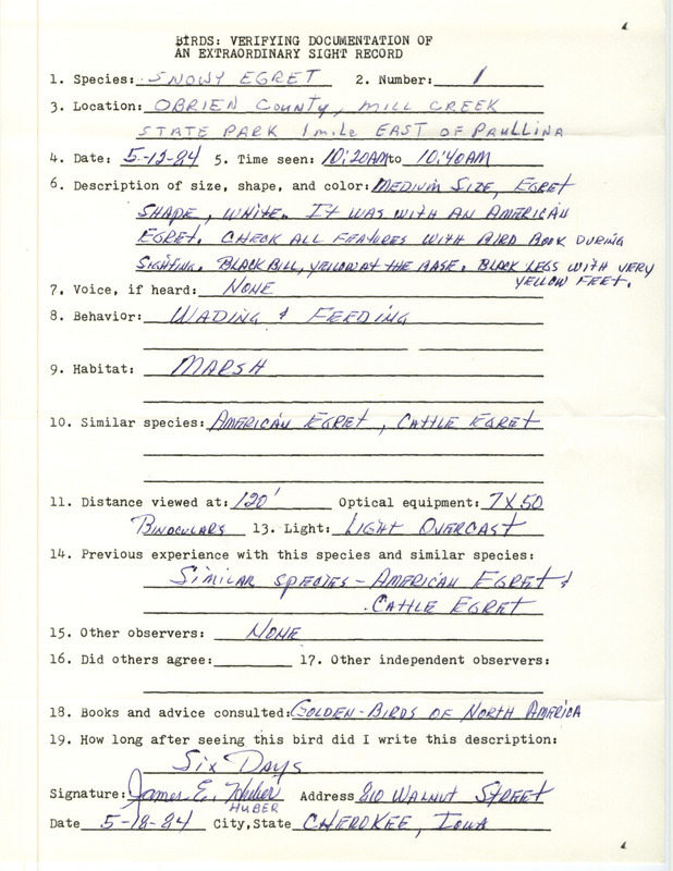 Rare bird documentation form for a Snowy Egret at Mill Creek State Park in O'Brien County, IA on May 12, 1984.