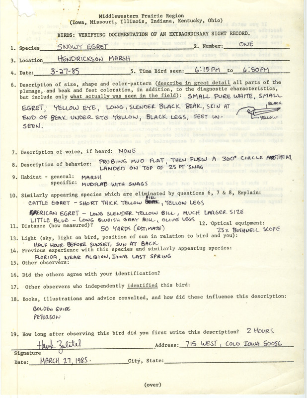 Rare bird documentation form for a Snowy Egret at Hendrickson March at Story County, IA on March 27, 1985.