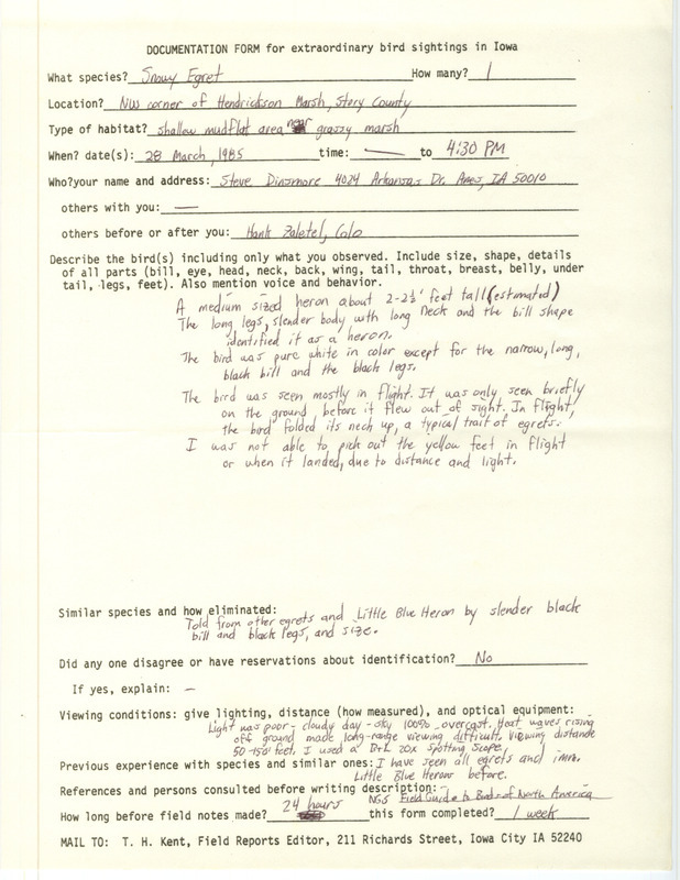 Rare bird documentation form for a Snowy Egret at Hendrickson March in Story County, IA on March 28, 1985.