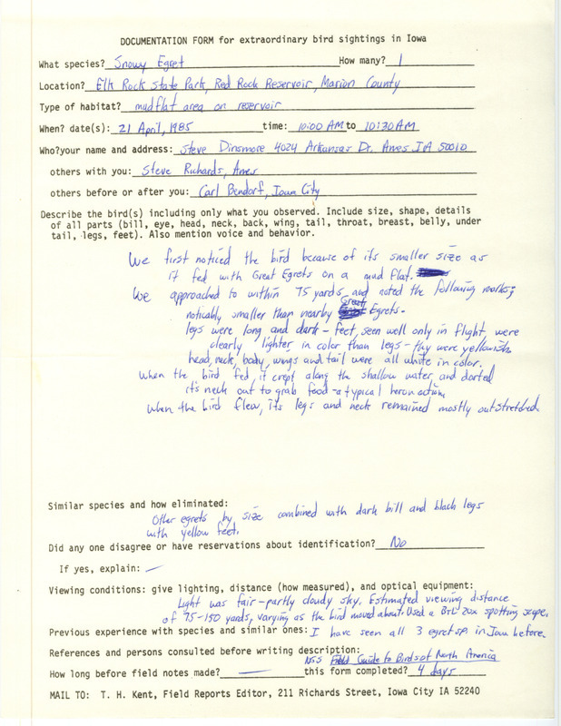 Rare bird documentation form for a Snowy Egret at Elk Rock State Park in Marion County, IA on April 21, 1985.