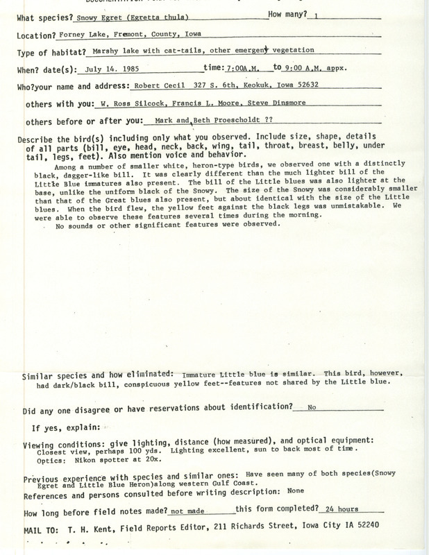 Rare bird documentation form for a Snowy Egret at Forney Lake in Fremont County, IA on July 14, 1985.