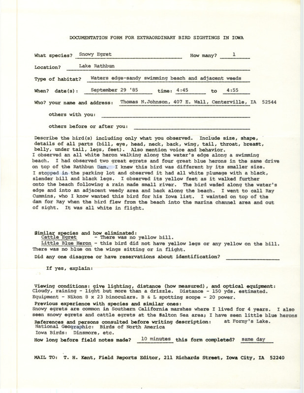 Rare bird documentation form for a Snowy Egret at Lake Rathbun in Appanoose County, IA on September 29, 1985.