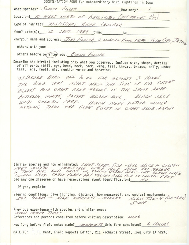 Rare bird documentation form for a Snowy Egret ten miles north of Burlington in Des Moines County, IA on September 12, 1989.