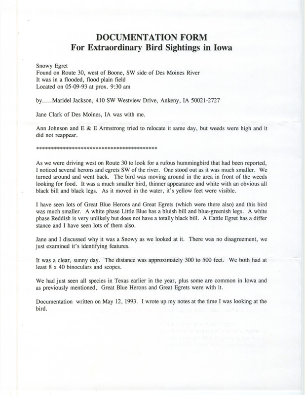 Rare bird documentation form for a Snowy Egret west of Boone on the Des Moines River in Boone County, IA on May 9, 1993.