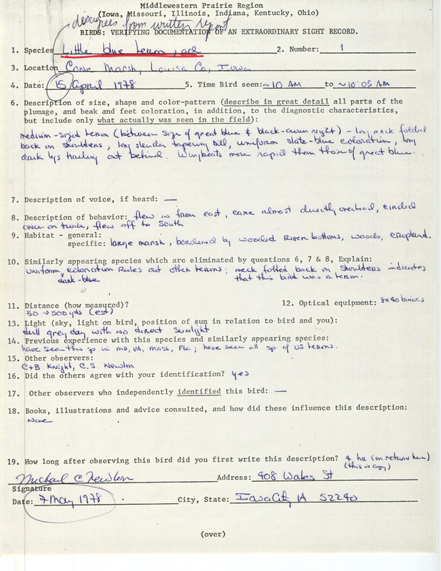 Rare bird documentation form for a Little Blue Heron at Cone March in Louisa County, IA on April 15, 1978.