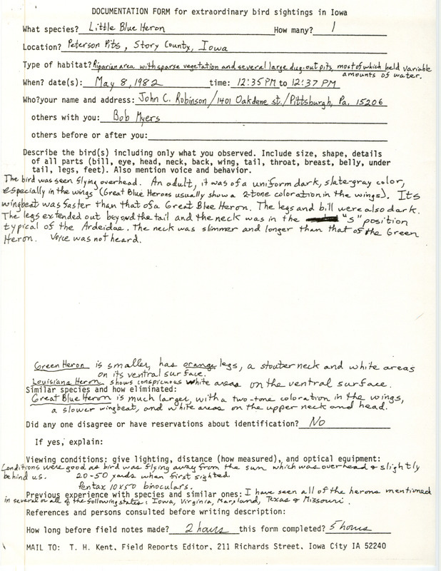 Rare bird documentation form for a Little Blue Heron at Peterson Pits in Story County, IA on May 8, 1982.