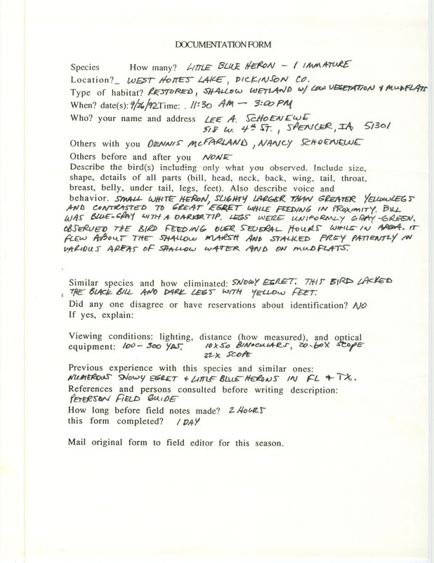 Rare bird documentation form for a Little Blue Heron at West Hottes Lake in Dickinson County, IA on September 26, 1992.