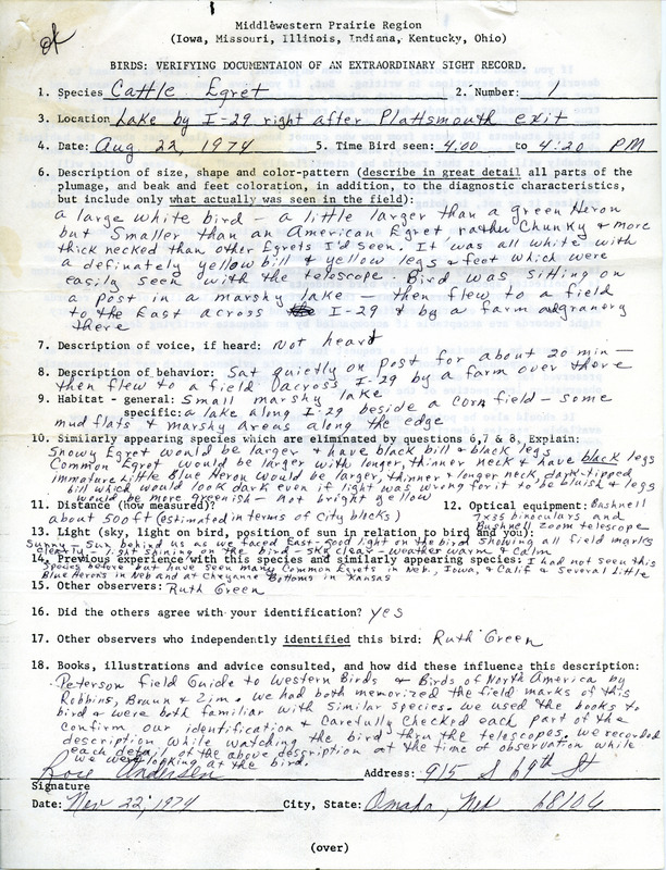 Rare bird documentation form for a Cattle Egret near Interchange 35 of I-29 in Mills County, IA on August 22, 1974.