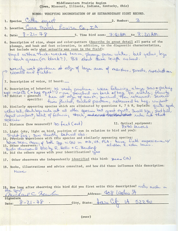 Rare bird documentation form for three Cattle Egrets at Cone March in Louisa County, IA on August 21, 1978.