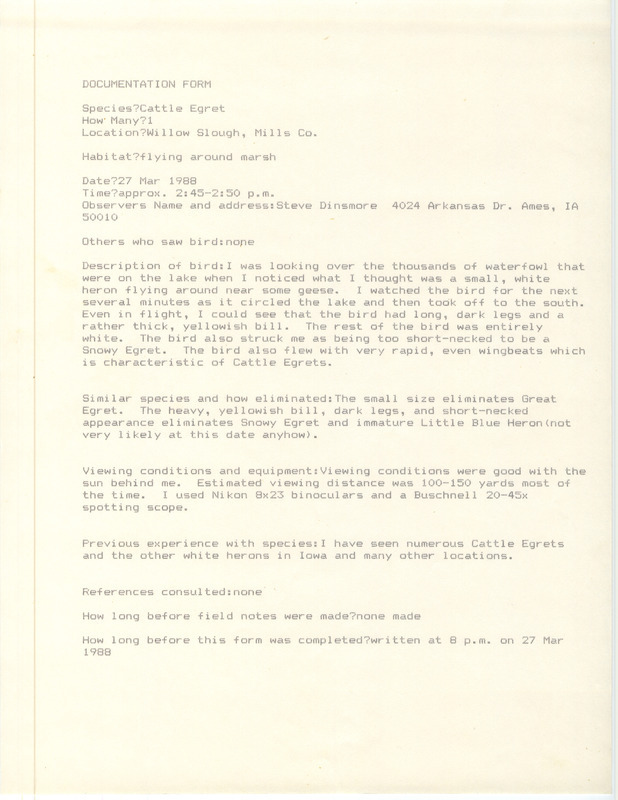 Rare bird documentation form for a Cattle Egret at Willow Slough in Mills County, IA on March 27, 1988.