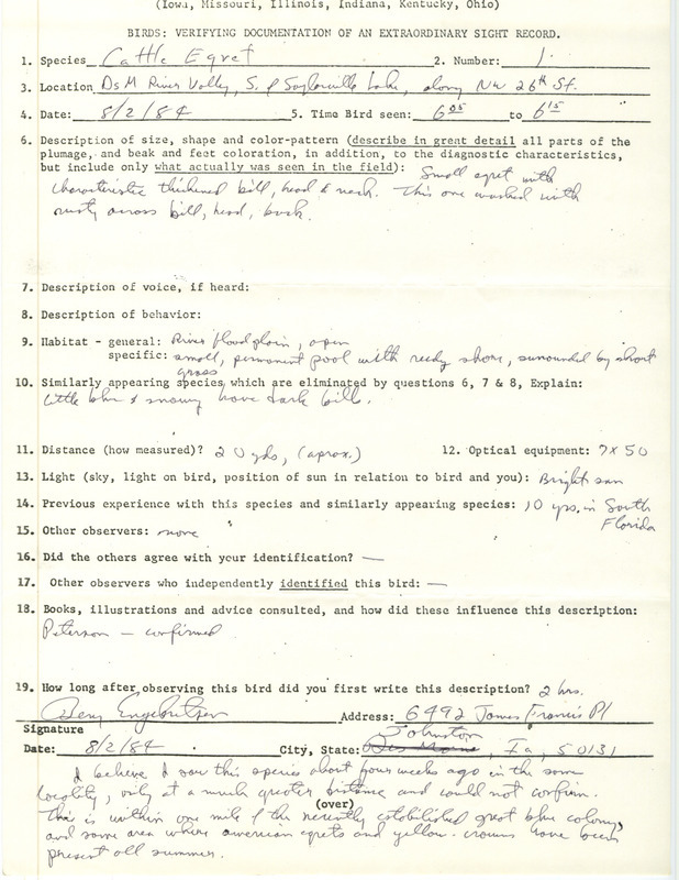 Rare bird documentation form for a Cattle Egret at Des Moines River Valley at Saylorville Lake in Polk County, IA on August 2, 1984.