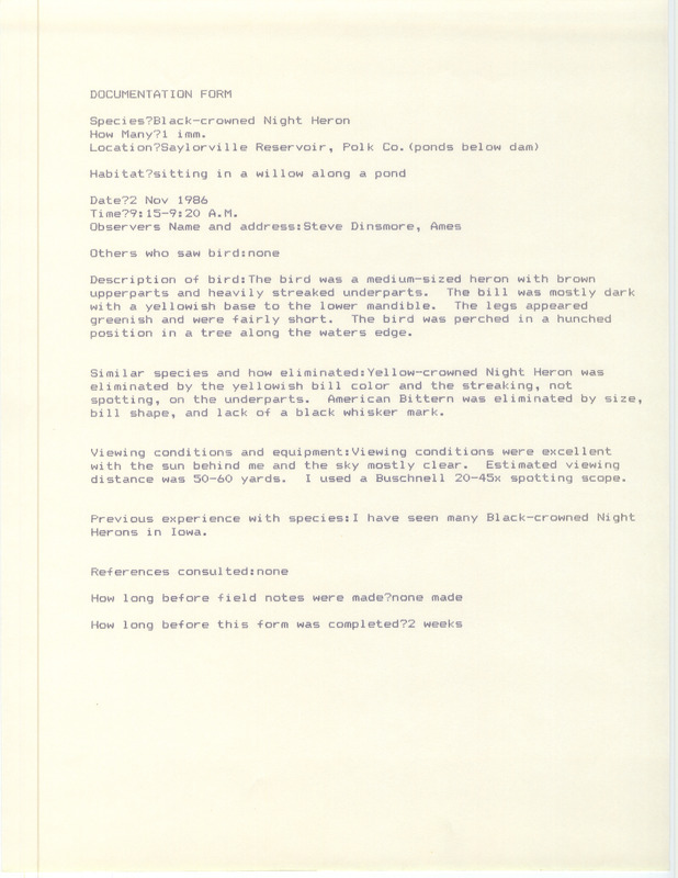 Rare bird documentation form for a Black-crowned Night Heron at Saylorville Reservoir in Polk County, IA on November 2, 1986.