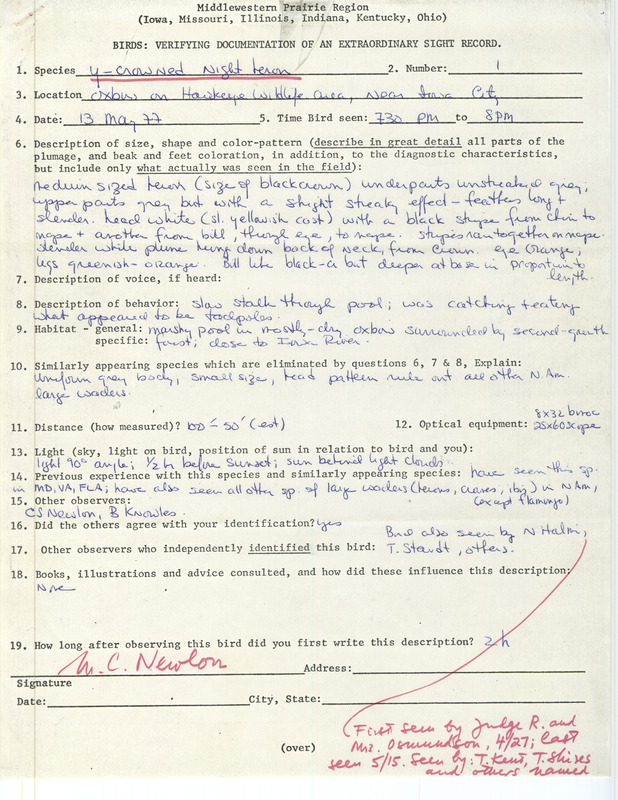 Rare bird documentation for a Yellow-crowned Night Heron at Hawkeye Wildlife Area in Johnson County, IA on May 13, 1977.