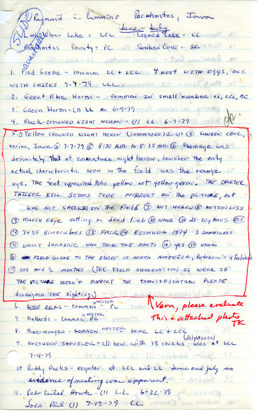 Documentations of bird sightings by Raymond Cummins in 1979. A notable sighting of a Yellow-crowned Night Heron at Sunken Cove in Varina in Pocahontas County, IA on July 7, 1979 is mentioned.