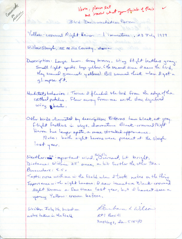 Rare bird documentation form for a Yellow-crowned Night Heron at Willow Slough in Mills County, IA on July 23, 1979.