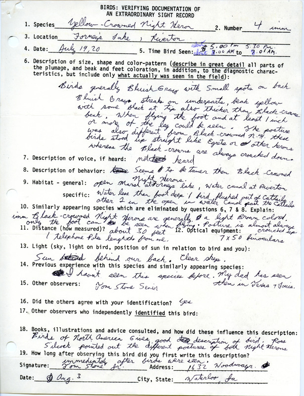 Rare bird documentation form for four Yellow-crowned Night Heron by Tom Stone Jr. at Forneys Lake in Fremont County, IA on July 19 and at Riverton in Fremont County, IA on July 20, 1979.