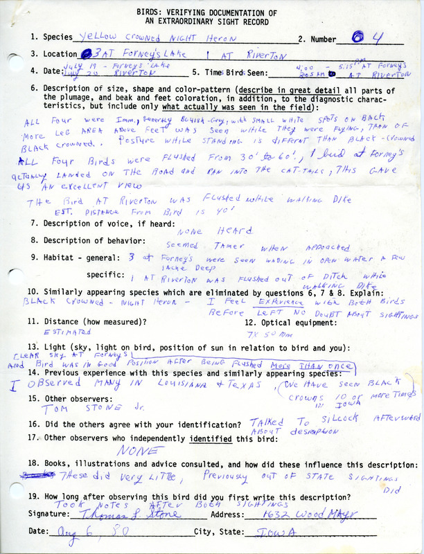 Rare bird documentation form by Tom Stone for four Yellow-crowned Night Herons at Forneys Lake in Fremont County, IA on July 19, 1980 and Riverton in Fremont County, IA on July 20, 1980.