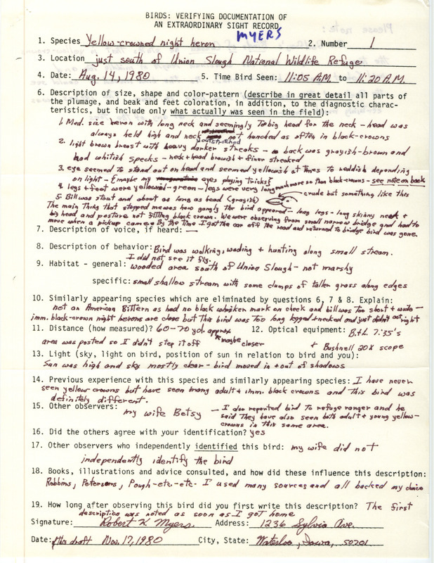 Rare bird documentation form for a Yellow-crowned Night Heron at Union Slough National Wildlife Refuge in Kossuth County, IA on August 14, 1980.