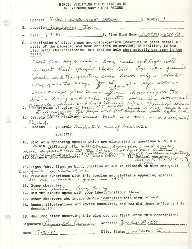 Rare bird documentation form for a Yellow-crowned Night Heron at Pocahontas in Pocahontas County, IA on July 3, 1981.