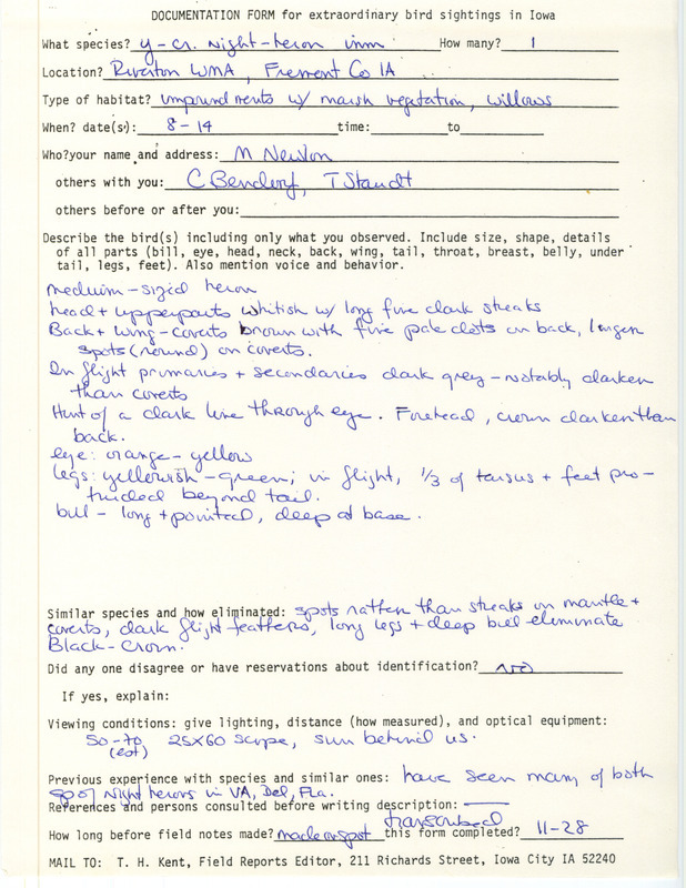 Rare bird documentation form for a Yellow-crowned Night Heron at Riverton Wildlife Management Area in Fremont County, IA on August 14, 1981.