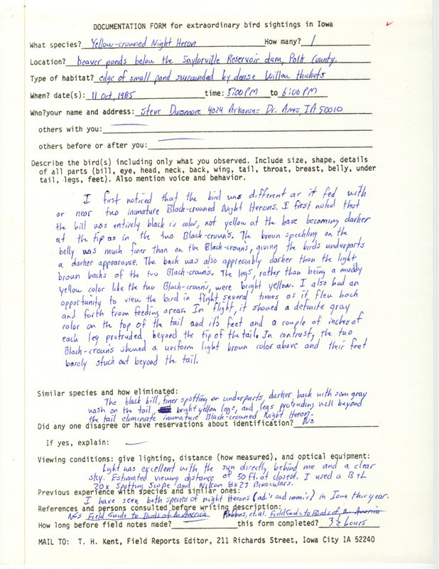 Rare bird documentation form for a Yellow-crowned Night Heron at Saylorville Reservoir dam in Polk County in October 11, 1985.