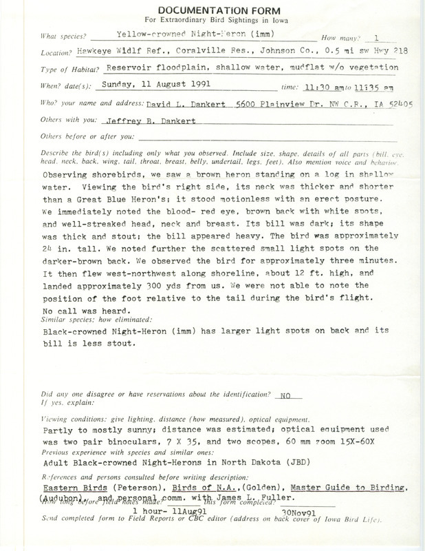 Rare bird documentation form for a Yellow-crowned Night Heron at Hawkeye Wildlife Management Area in Johnson County, IA on August 11, 1991.