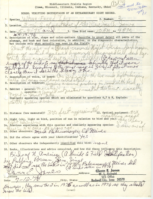 Rare bird documentation form for two White-faced Ibises at Lake View in Sac County, IA on May 9, 1975.