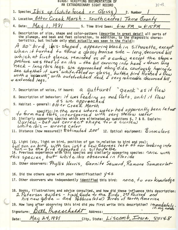 Rare bird documentation form for an Ibis species at Otter Creek March in Tama County, IA on May 1, 1981.