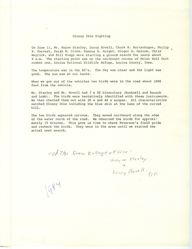 Rare bird documentation form for two Glossy Ibises at Louisa National Wildlife Refuge in Louisa County, IA on June 11, 1984.