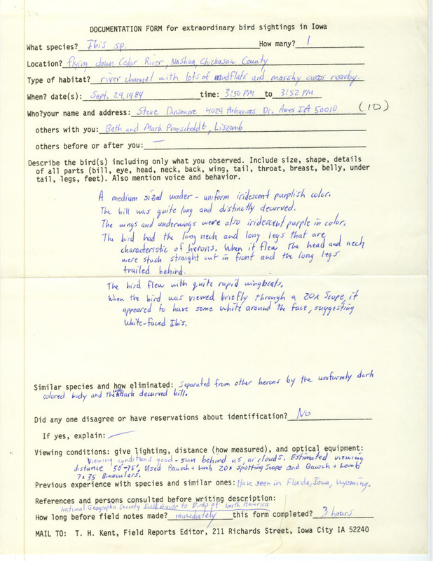 Rare bird documentation form for an Ibis species at Cedar River at Nashua in Chickasaw County, IA on September 29, 1984.