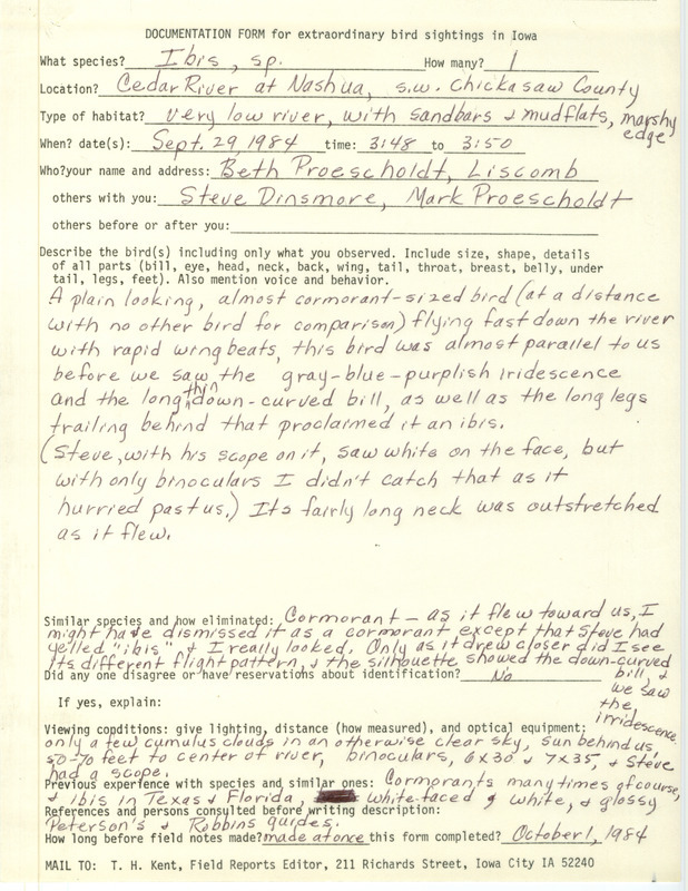 Rare bird documentation form for a Ibis species at Cedar River at Nashua in Chickasaw County, IA on September 29, 1984.