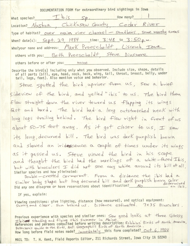 Rare bird documentation form for an Ibis species at Nashua in Chickasaw County, IA on the Cedar River on September 29, 1984.