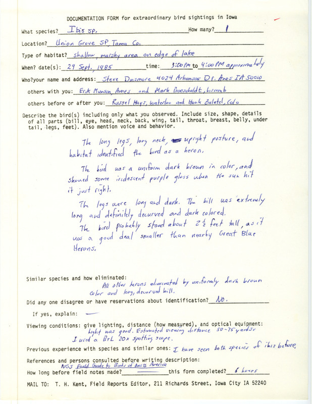 Rare bird documentation form an Ibis species at Union Grove State Park in Tama County, IA on September 29, 1985.