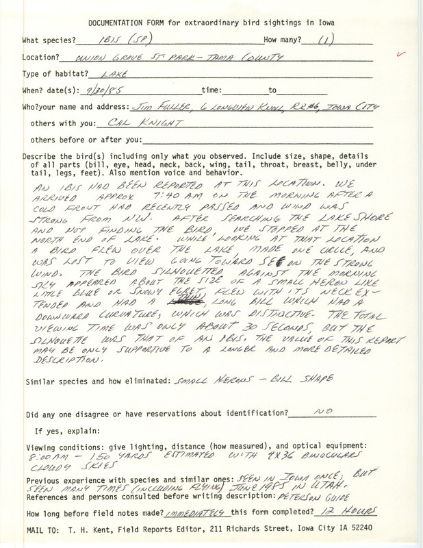 Rare bird documentation form for an Ibis species at Union Grove State Park in Tama County, IA on September 30, 1985.