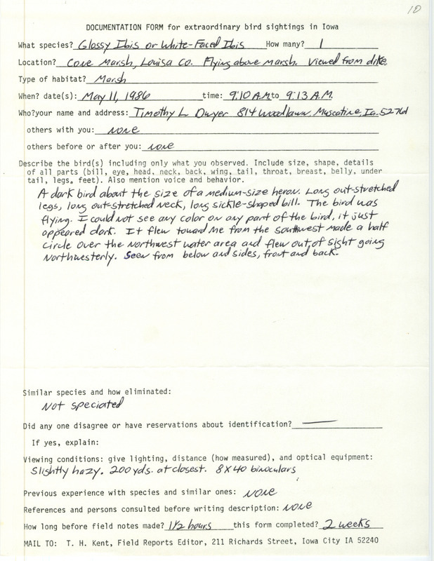 Rare bird documentation form for an Ibis species at Cone March in Louisa County, IA on May 11, 1986.