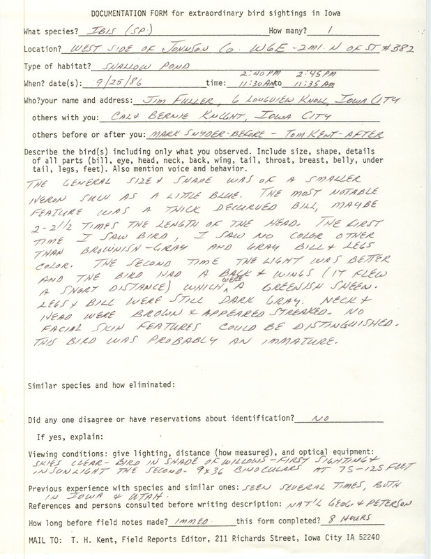 Rare bird documentation form for an Ibis species on the west side of Johnson County, IA on September 25, 1986.