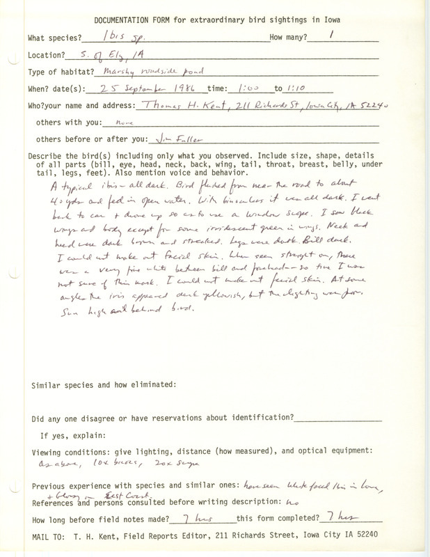 Rare bird documentation form for an Ibis species at Ely in Linn County, IA on September 25, 1986.