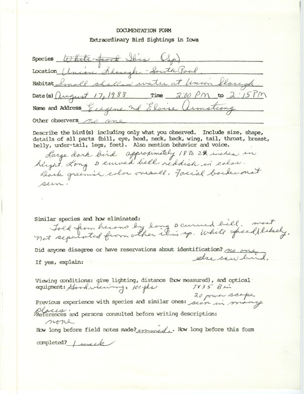 Rare bird documentation form for Ibis species at Union Slough in Kossuth County, IA on August 17, 1988.