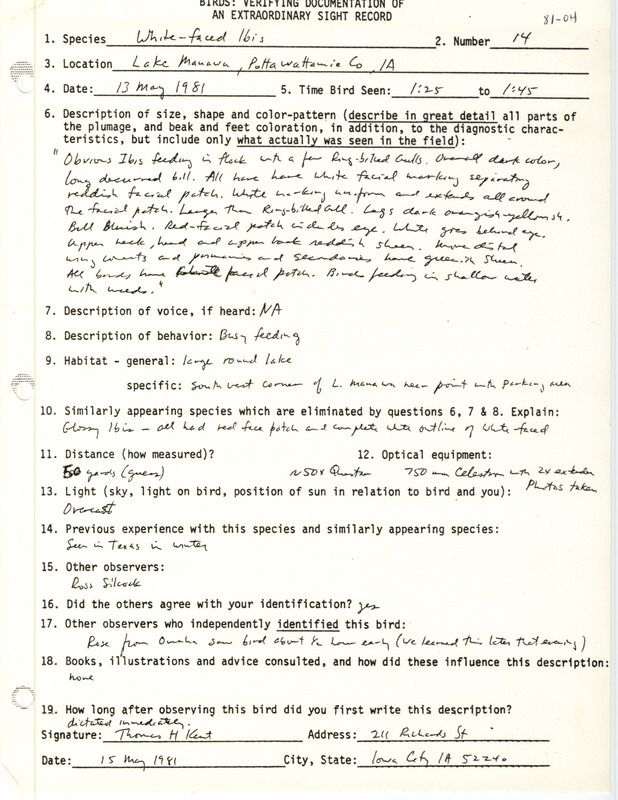 Rare bird documentation form for fourteen White-faced Ibises at Lake Manawa in Pottawattamie County, IA on May 13, 1981.