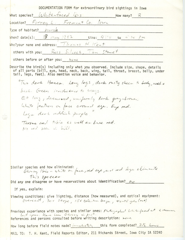 Rare bird documentation form for two White-faced Ibises at Forneys Lake in Fremont County, IA on May 13, 1982.