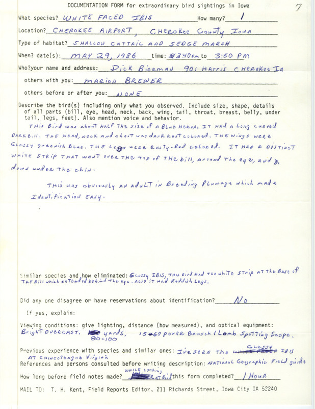 Rare bird documentation form for a White-faced Ibis at Cherokee Airport in Cherokee County, IA on May 29, 1986.