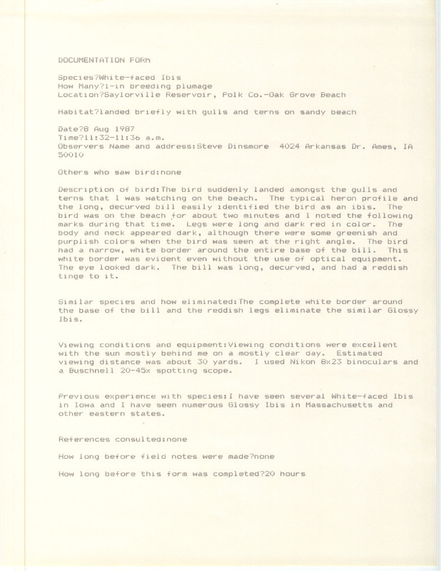 Rare bird documentation form for a White-faced Ibis at Oak Grove Beach in Saylorville Reservoir in Polk County, IA on August 8, 1987.