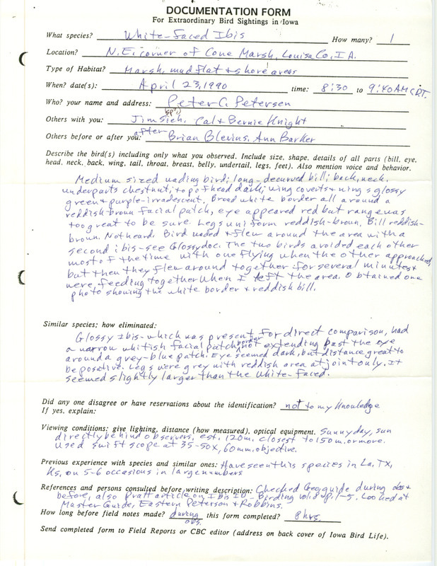 Rare bird documentation form for a White-faced Ibis at Cone March in Louisa County, IA on April 23, 1990.