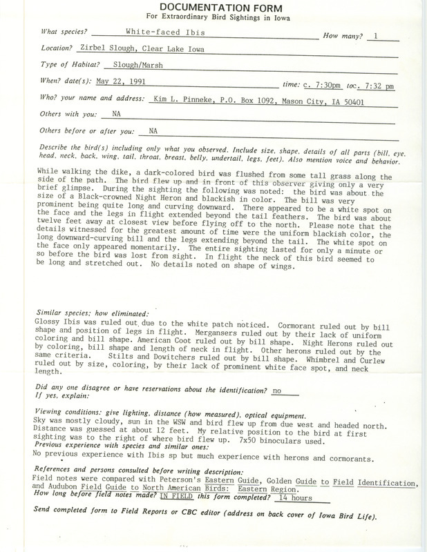 Rare bird documentation form for a White-faced Ibis at Zirbel Slough in Cerro Gordo County, IA on May 22, 1991.