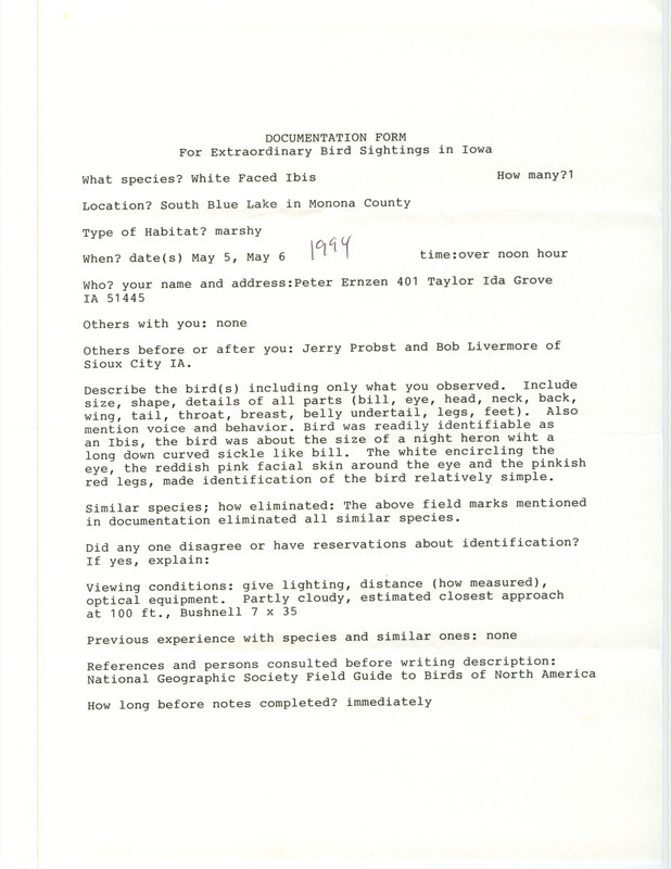 Rare bird documentation by Peter Ernzen for a White-faced Ibis at South Blue Lake in Monona County, IA on May 5 and 6, 1994.