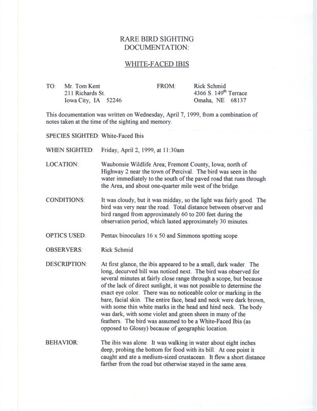 Rare bird documentation form for a White-faced Ibis at Waubonsie Wildlife Area in Fremont County, IA on April 2, 1999.