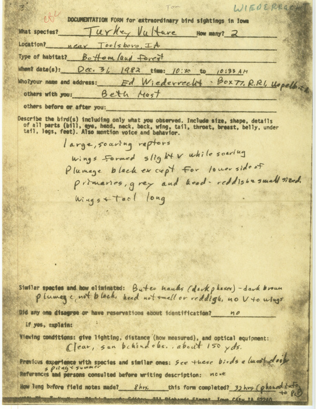 Rare bird documentation form for two Turkey Vultures at Toolsboro in Louisa County, IA on December 31, 1982.