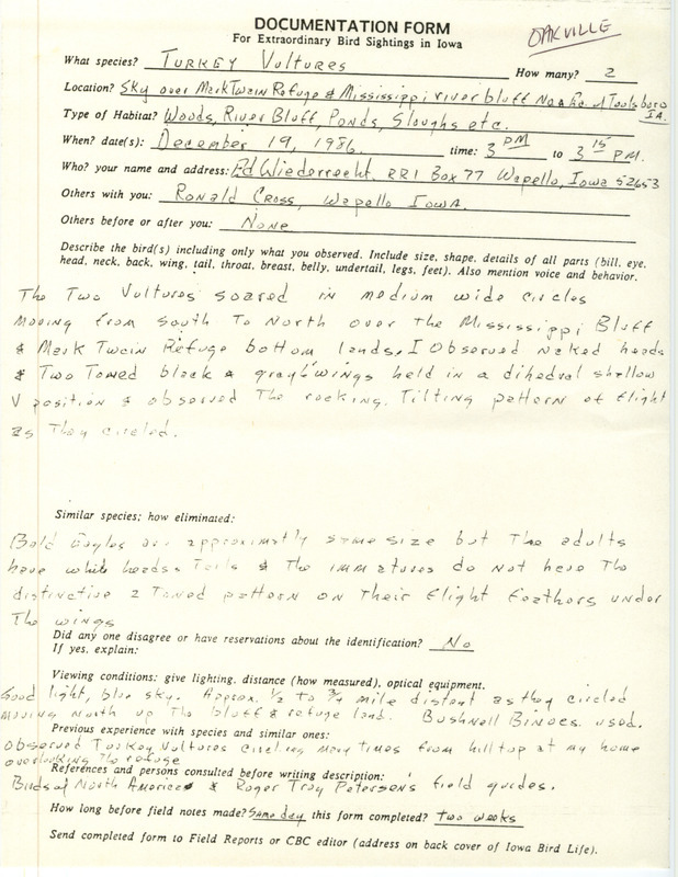 Rare bird documentation form for two Turkey Vultures at Mark Twain Refuge near Toolesboro in Louisa County, IA on December 19, 1986.