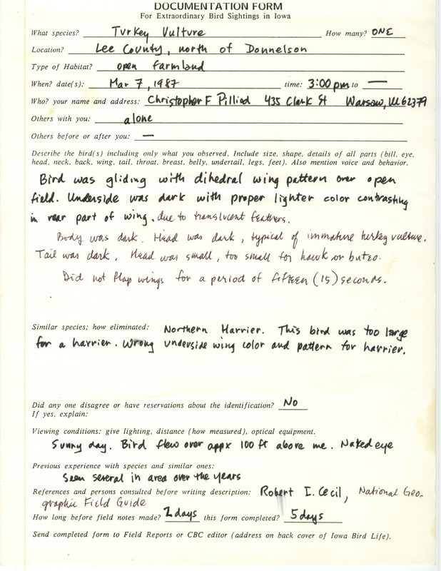 Rare bird documentation form for a Turkey Vulture near Donnellson in Lee County, IA on March 7, 1987.